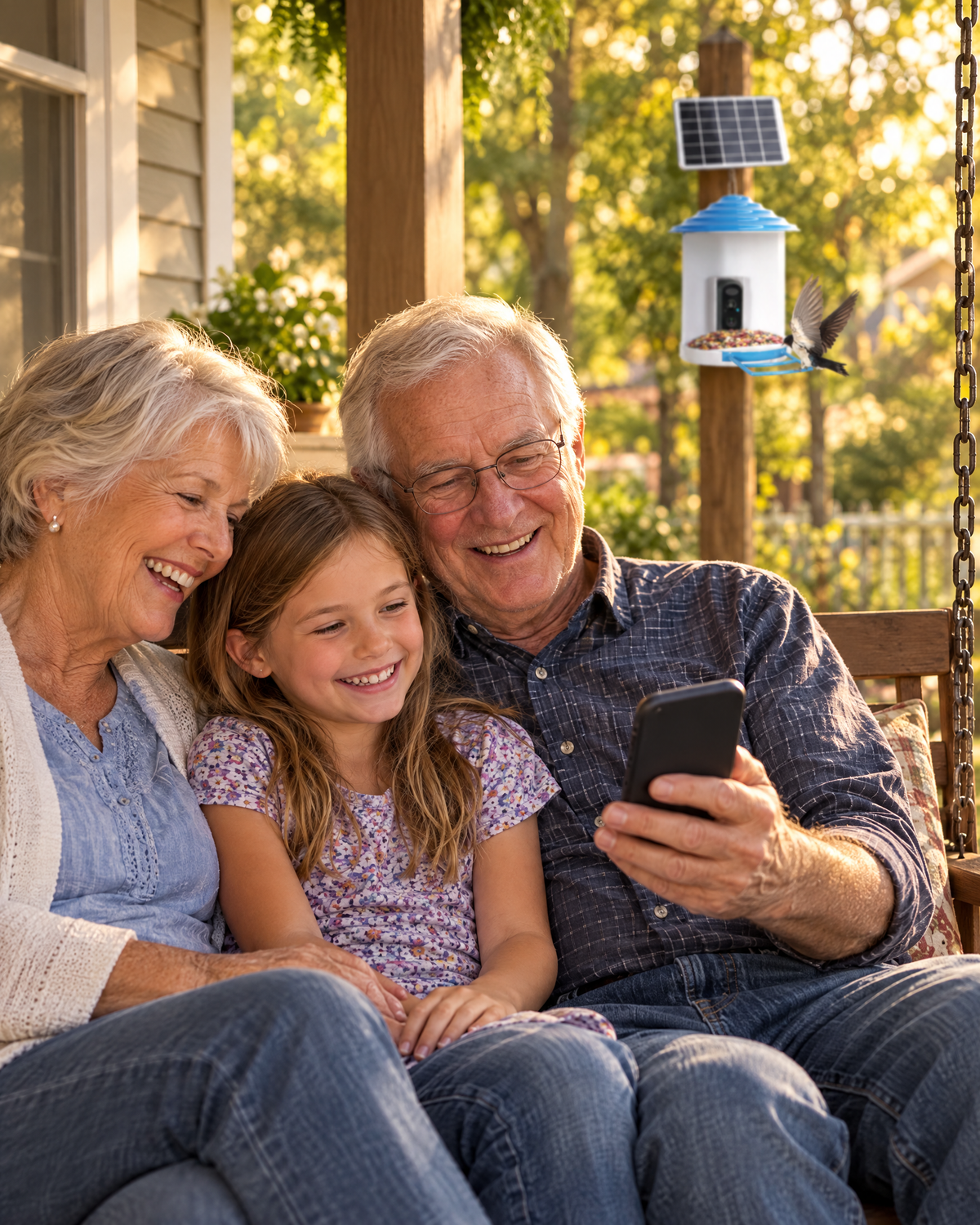 Family laughing while watching the feeder camera on a phone